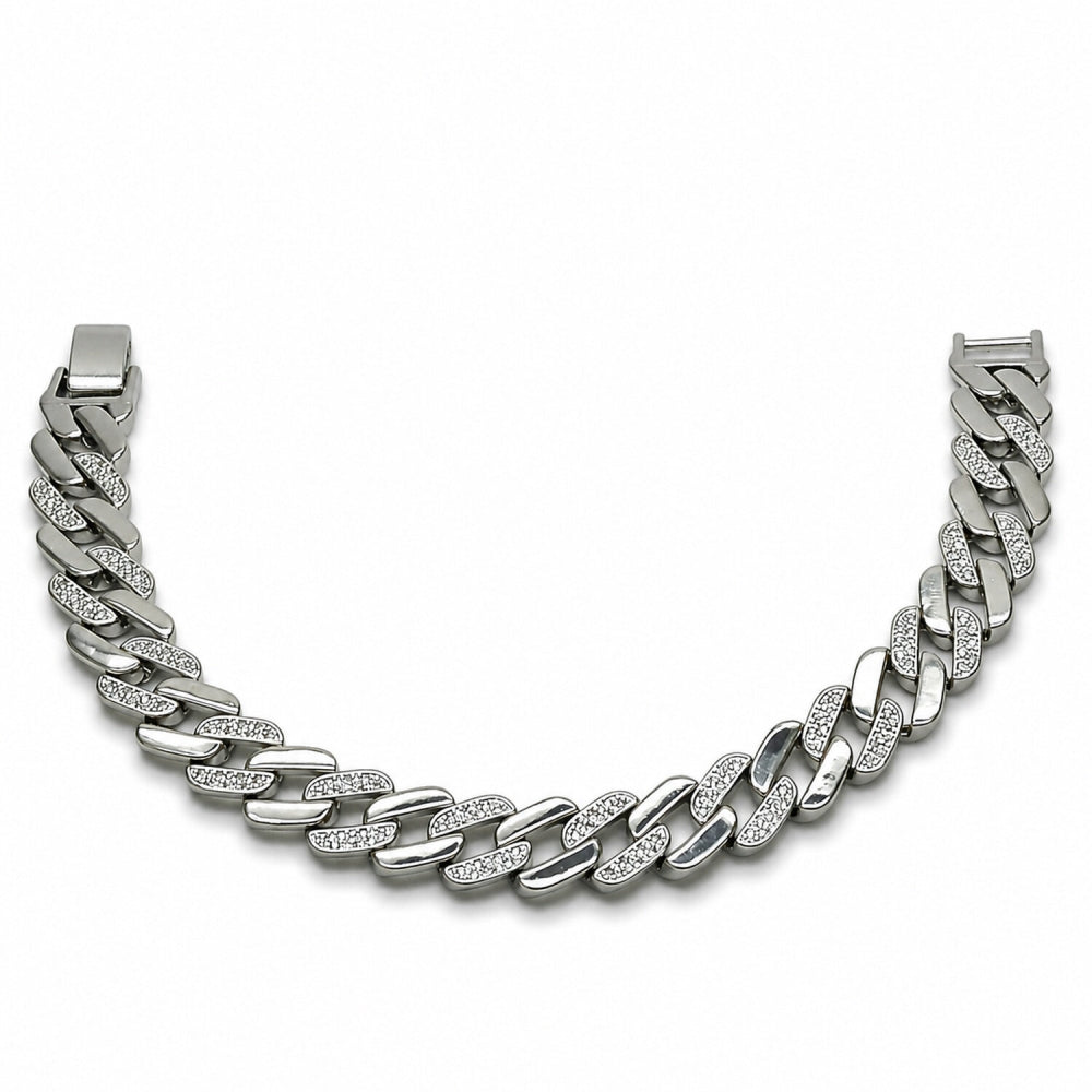 Rhodium Gold Filled Tennis Bracelet, Miami Cuban Design, with White Micro Pave, Polished, Rhodium Finish