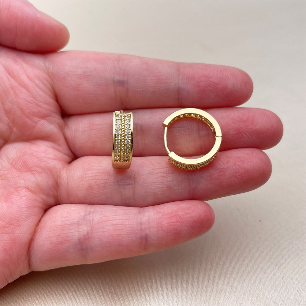 Oro Laminado Huggie Hoop, Gold Filled Style Arrow Design, with White Cubic Zirconia, Polished, Golden Finish