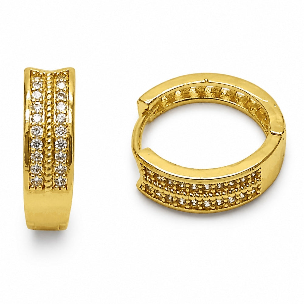 Oro Laminado Huggie Hoop, Gold Filled Style Arrow Design, with White Cubic Zirconia, Polished, Golden Finish