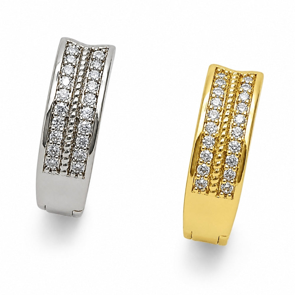 Oro Laminado Huggie Hoop, Gold Filled Style Arrow Design, with White Cubic Zirconia, Polished, Golden Finish