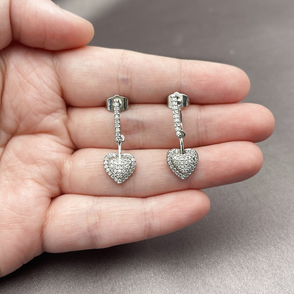 Rhodium Gold Filled Long Earring, Heart Design, with White Cubic Zirconia, Polished, Rhodium Finish