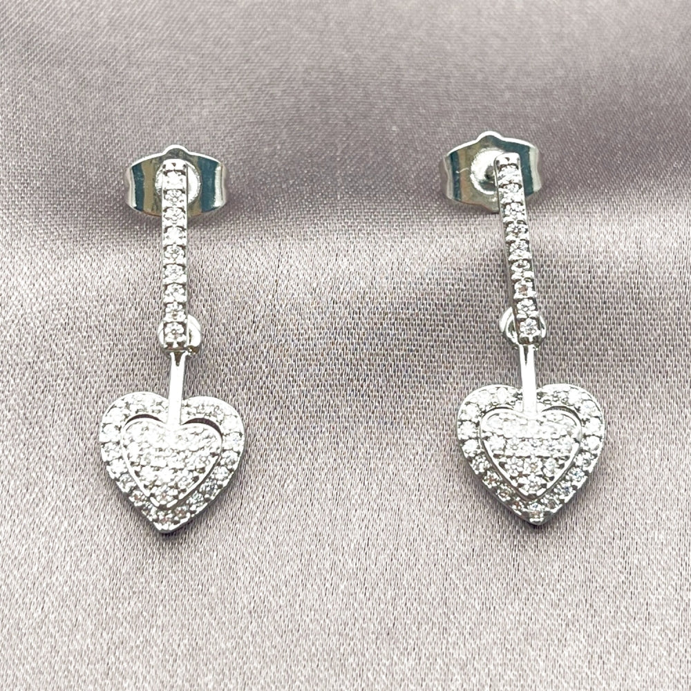 Rhodium Gold Filled Long Earring, Heart Design, with White Cubic Zirconia, Polished, Rhodium Finish