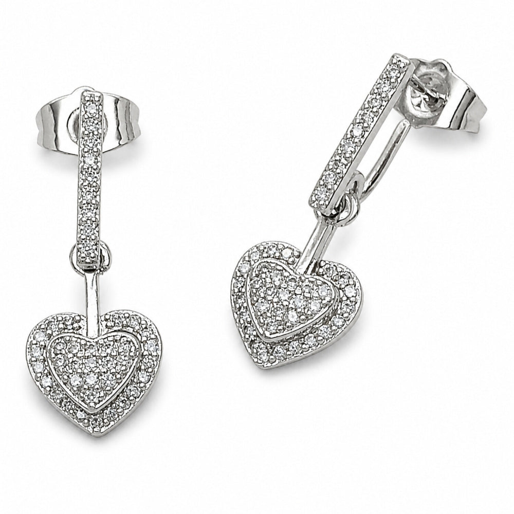Rhodium Gold Filled Long Earring, Heart Design, with White Cubic Zirconia, Polished, Rhodium Finish