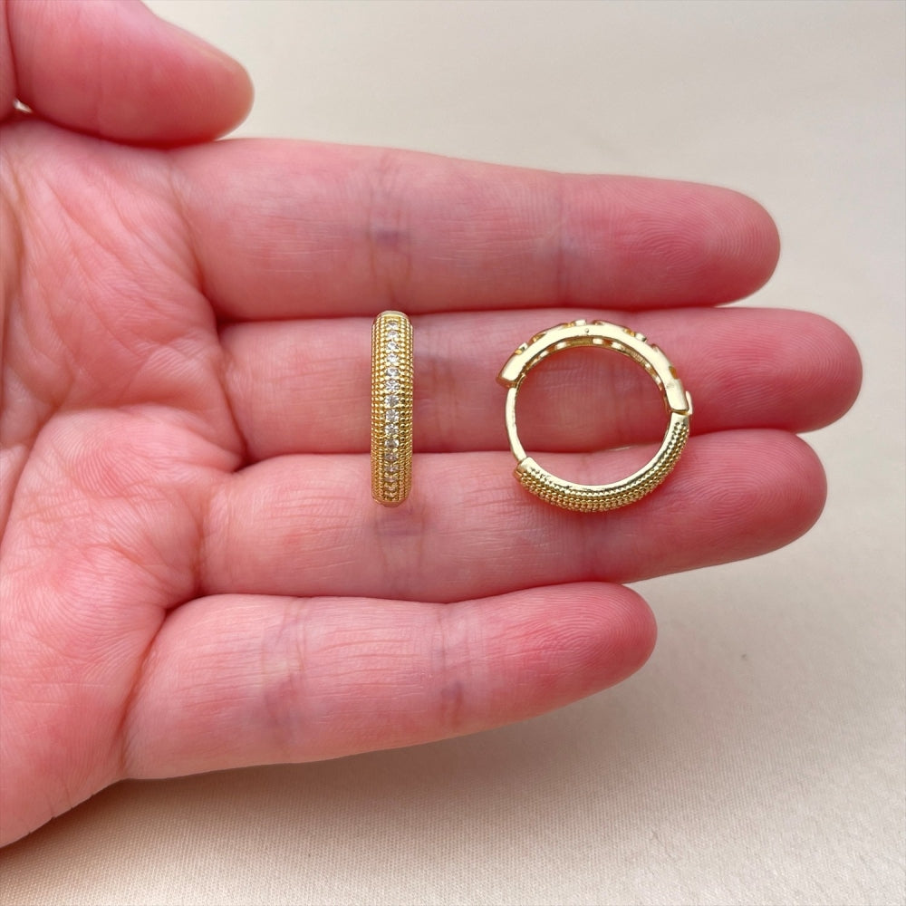 Oro Laminado Huggie Hoop, Gold Filled Style with White Cubic Zirconia, Polished, Golden Finish