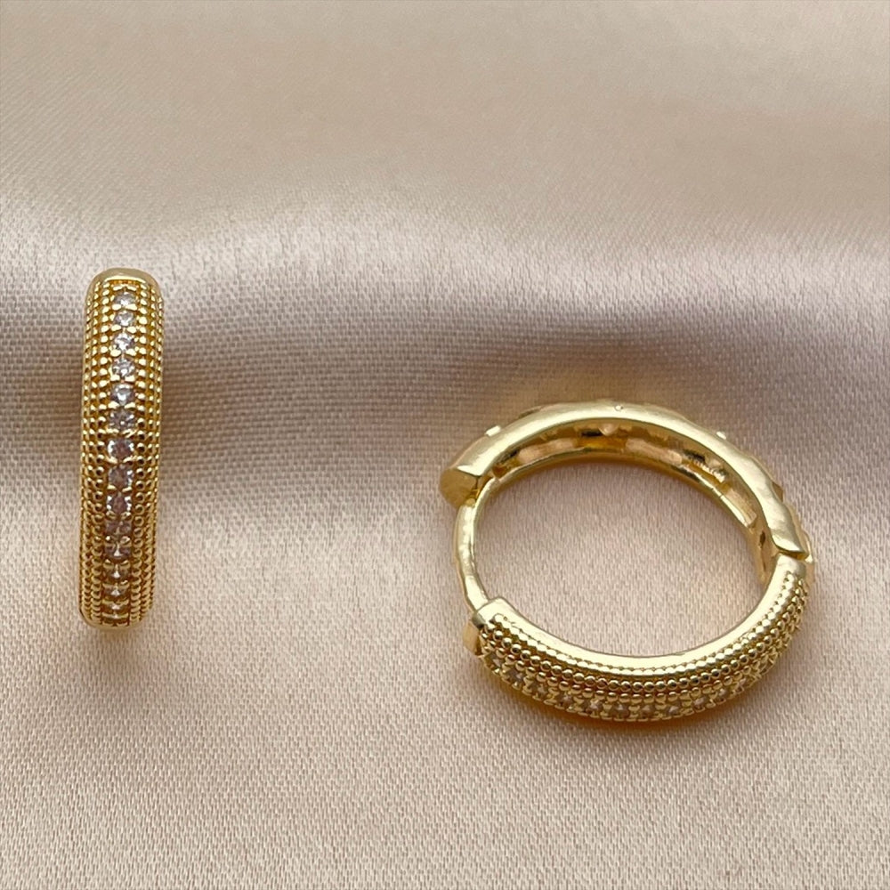 Oro Laminado Huggie Hoop, Gold Filled Style with White Cubic Zirconia, Polished, Golden Finish