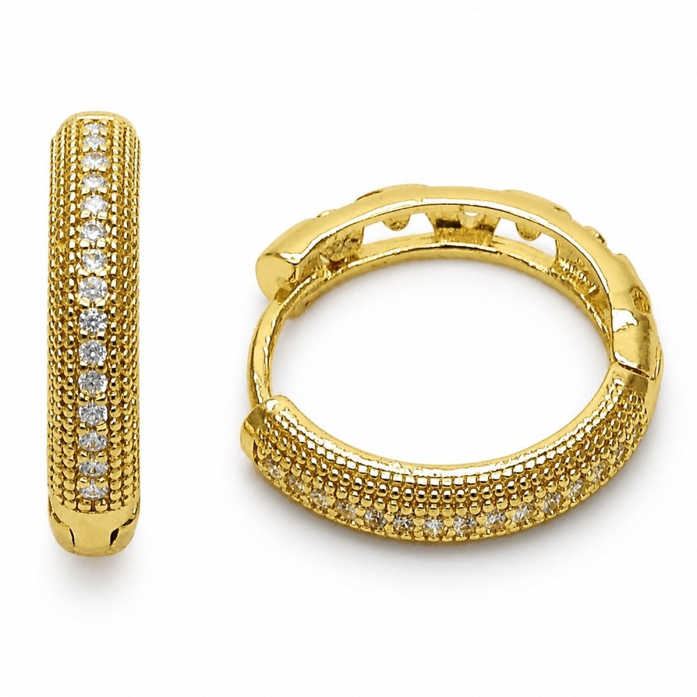 Oro Laminado Huggie Hoop, Gold Filled Style with White Cubic Zirconia, Polished, Golden Finish