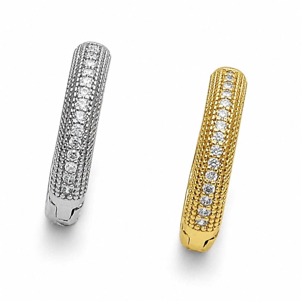 Oro Laminado Huggie Hoop, Gold Filled Style with White Cubic Zirconia, Polished, Golden Finish