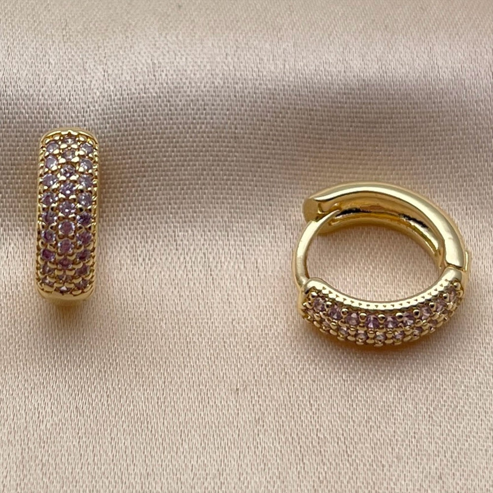 Oro Laminado Huggie Hoop, Gold Filled Style with Amethyst Cubic Zirconia, Polished, Golden Finish