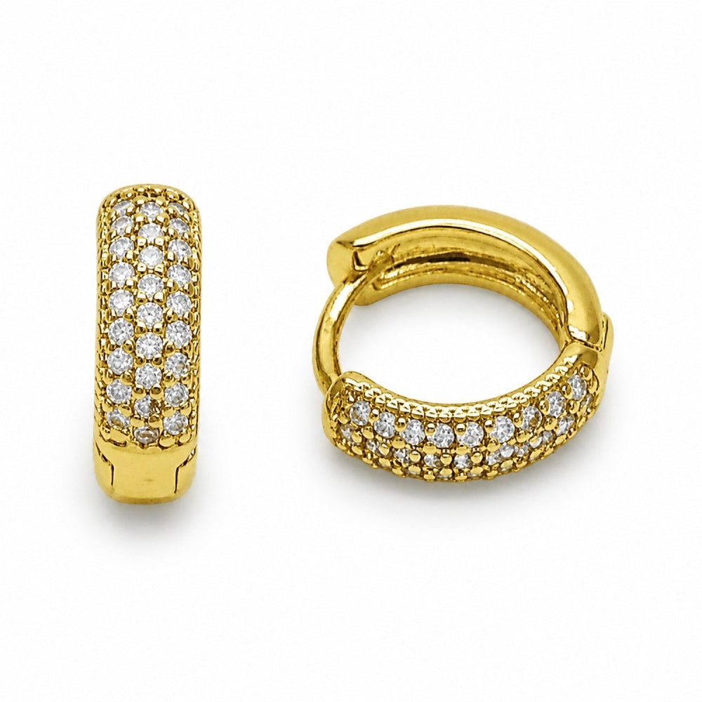 Oro Laminado Huggie Hoop, Gold Filled Style with Amethyst Cubic Zirconia, Polished, Golden Finish
