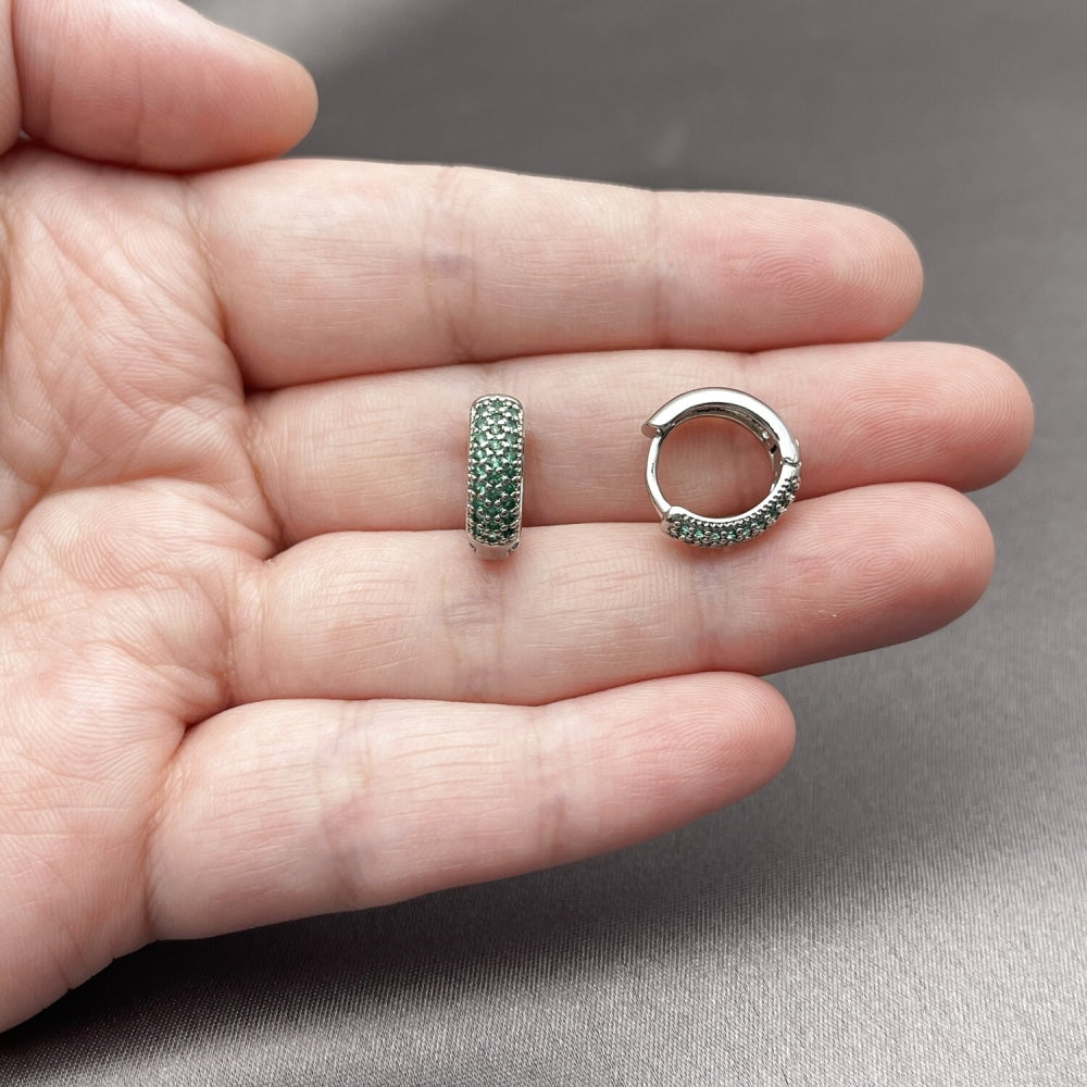 Rhodium Gold Filled Huggie Hoop, with Green Cubic Zirconia, Polished, Rhodium Finish