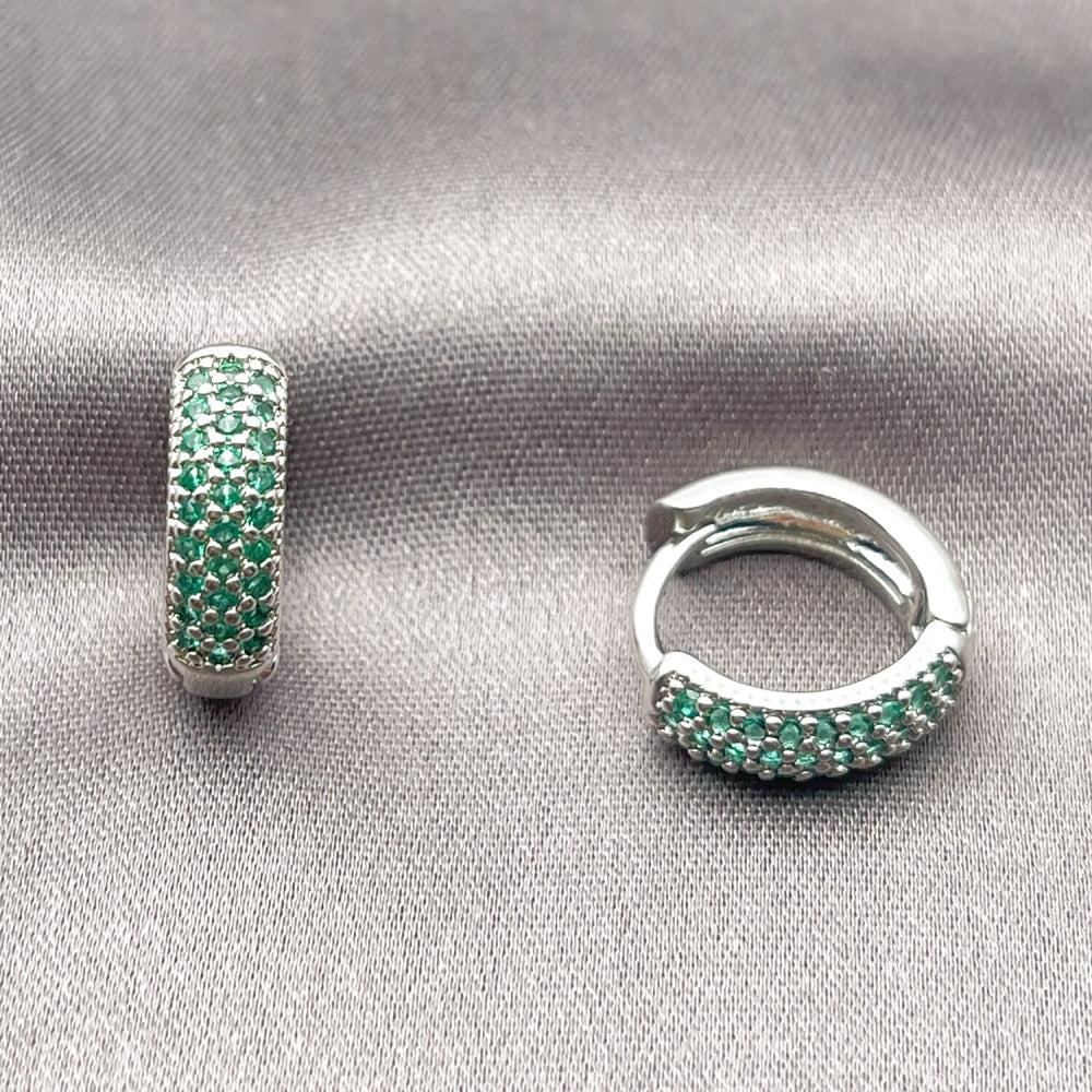 Rhodium Gold Filled Huggie Hoop, with Green Cubic Zirconia, Polished, Rhodium Finish