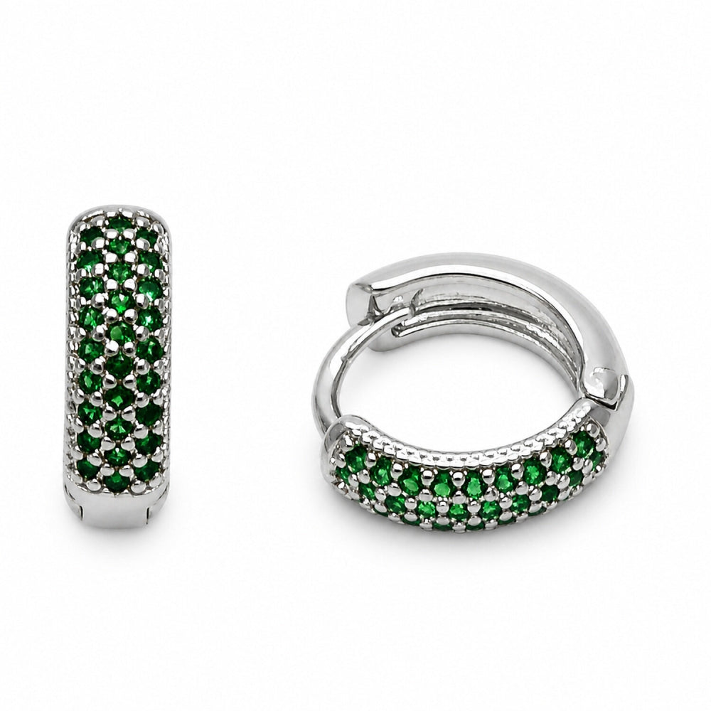 Rhodium Gold Filled Huggie Hoop, with Green Cubic Zirconia, Polished, Rhodium Finish