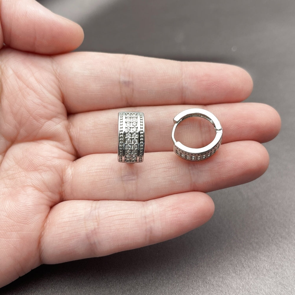 Rhodium Gold Filled Huggie Hoop, with White Cubic Zirconia, Polished, Rhodium Finish