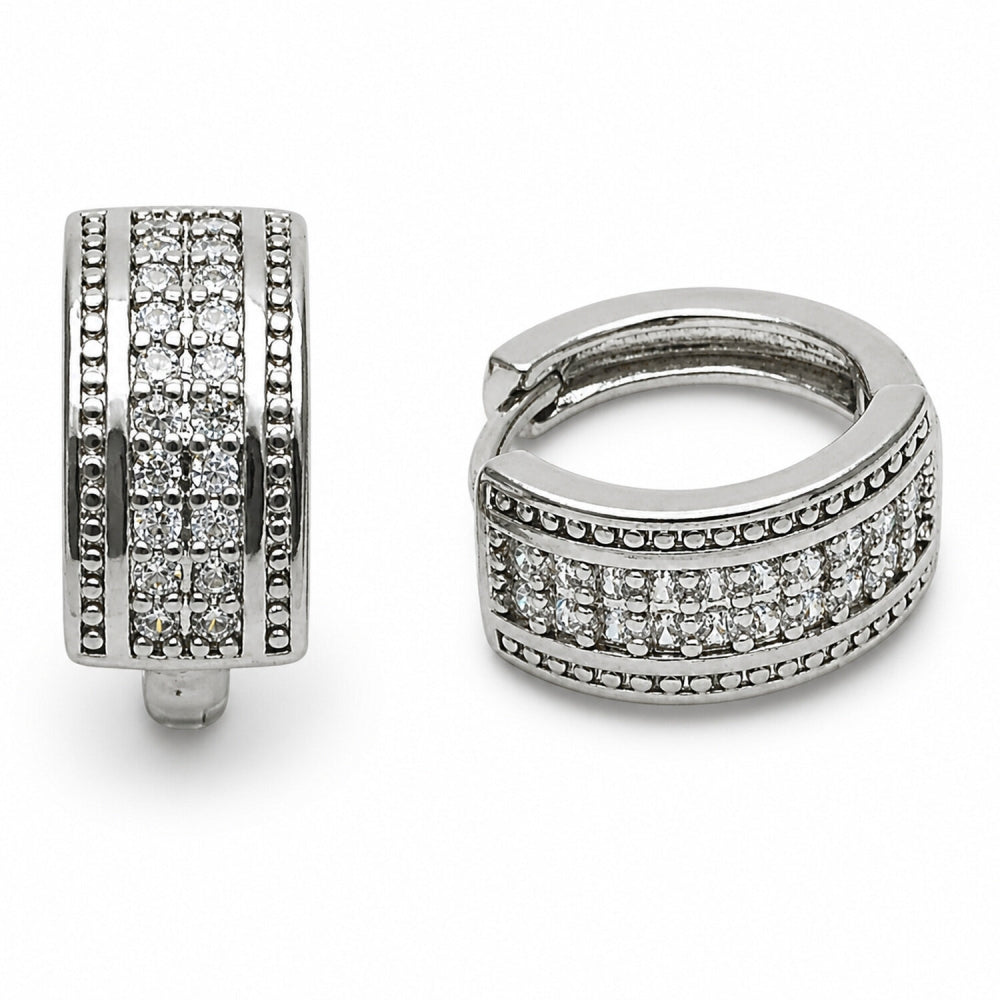 Rhodium Gold Filled Huggie Hoop, with White Cubic Zirconia, Polished, Rhodium Finish