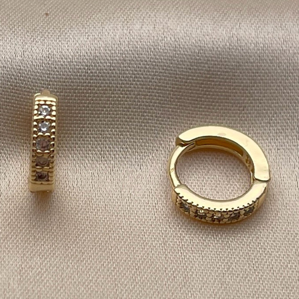 Oro Laminado Huggie Hoop, Gold Filled Style with White Cubic Zirconia, Polished, Golden Finish
