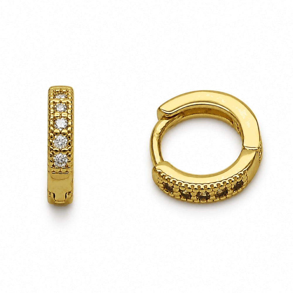 Oro Laminado Huggie Hoop, Gold Filled Style with White Cubic Zirconia, Polished, Golden Finish