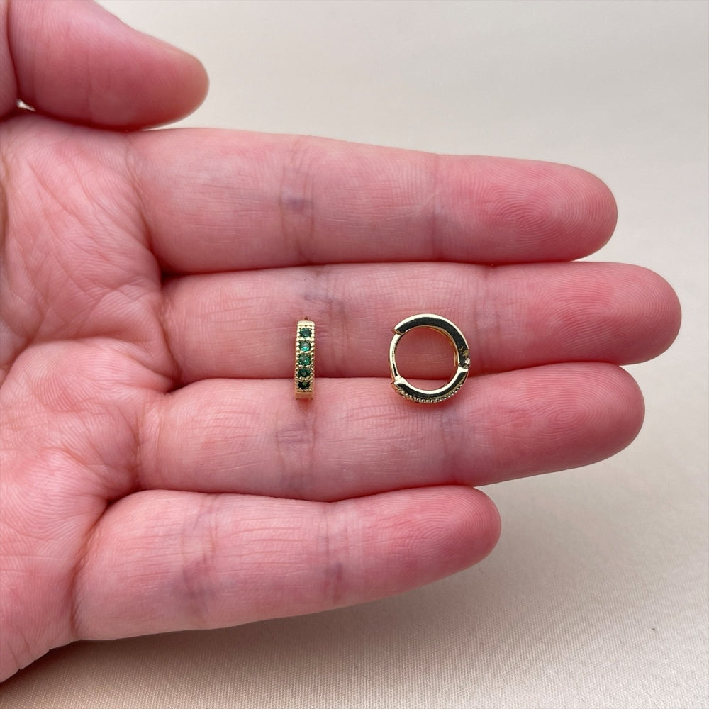 Oro Laminado Huggie Hoop, Gold Filled Style with Green Cubic Zirconia, Polished, Golden Finish