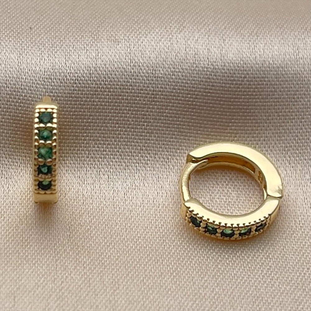 Oro Laminado Huggie Hoop, Gold Filled Style with Green Cubic Zirconia, Polished, Golden Finish