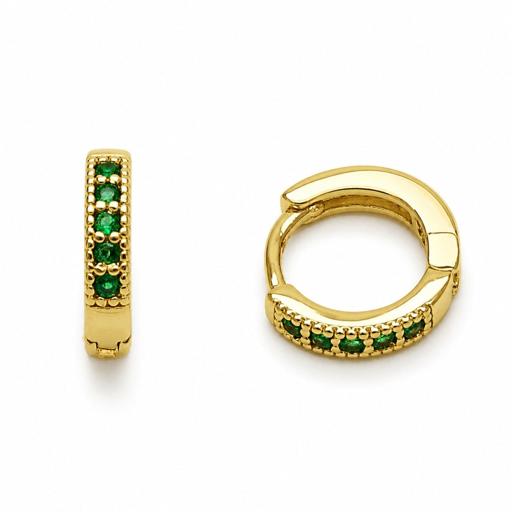 Oro Laminado Huggie Hoop, Gold Filled Style with Green Cubic Zirconia, Polished, Golden Finish