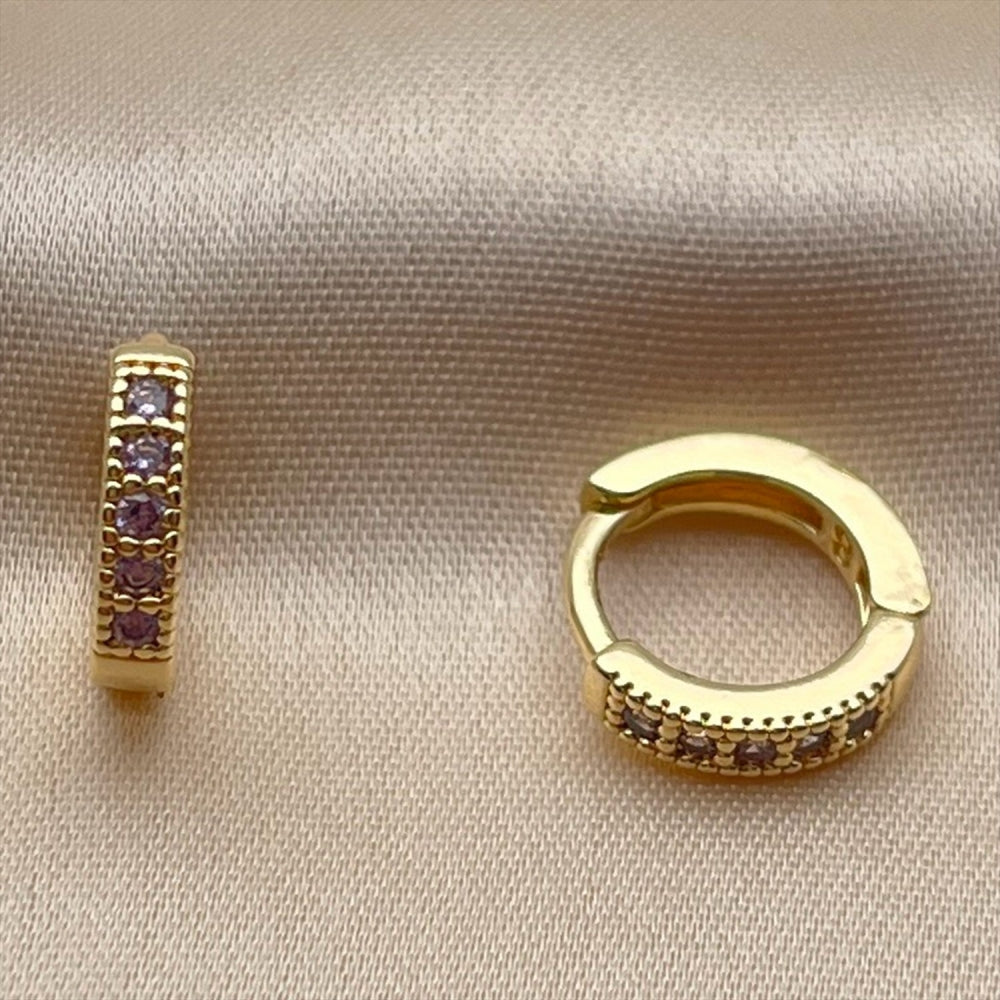 Oro Laminado Huggie Hoop, Gold Filled Style with Amethyst Cubic Zirconia, Polished, Golden Finish