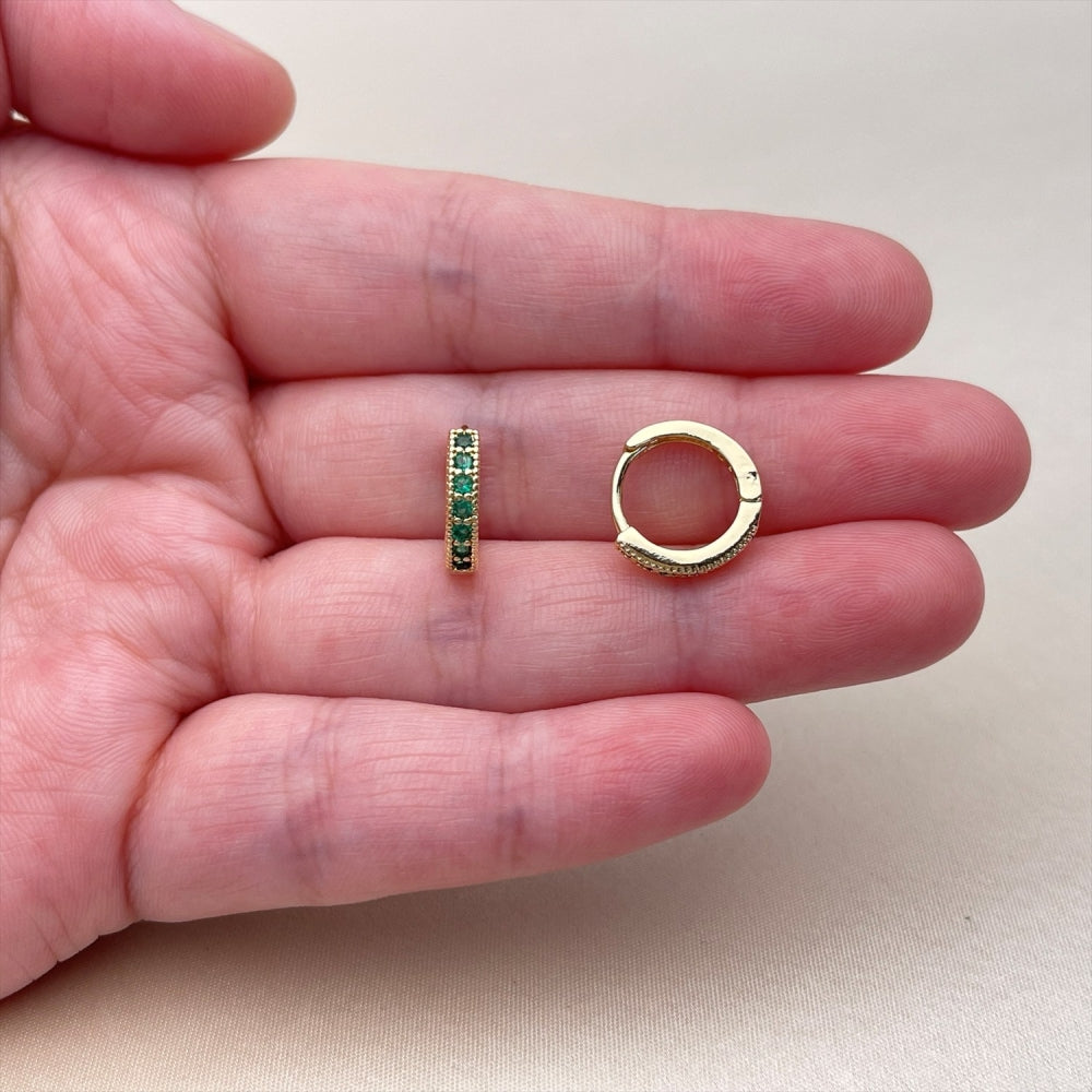 Oro Laminado Huggie Hoop, Gold Filled Style with Green Cubic Zirconia, Polished, Golden Finish