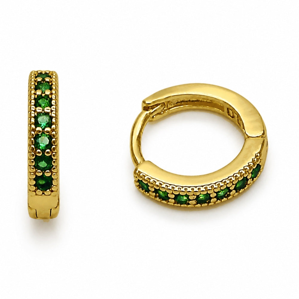 Oro Laminado Huggie Hoop, Gold Filled Style with Green Cubic Zirconia, Polished, Golden Finish
