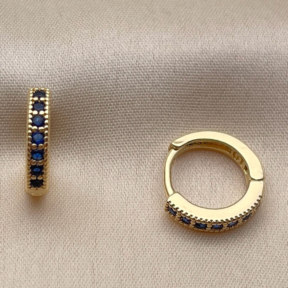 Oro Laminado Huggie Hoop, Gold Filled Style with Sapphire Blue Cubic Zirconia, Polished, Golden Finish