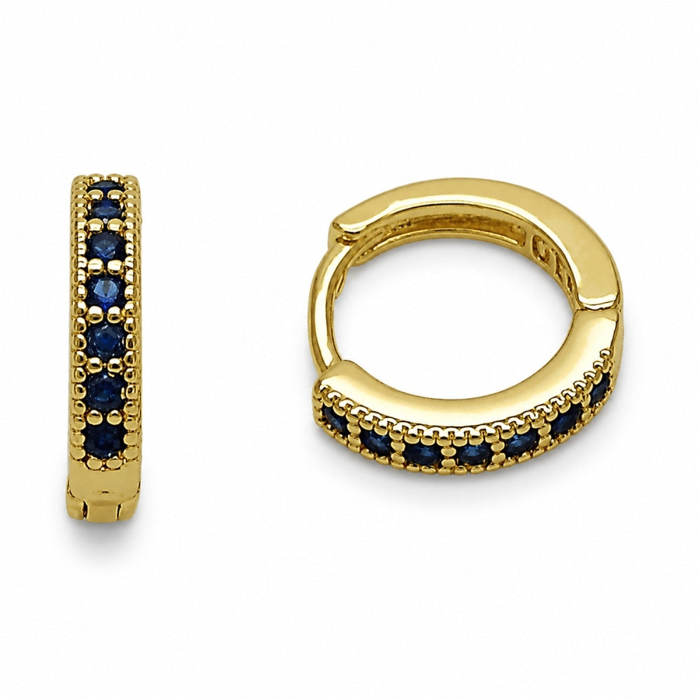 Oro Laminado Huggie Hoop, Gold Filled Style with Sapphire Blue Cubic Zirconia, Polished, Golden Finish