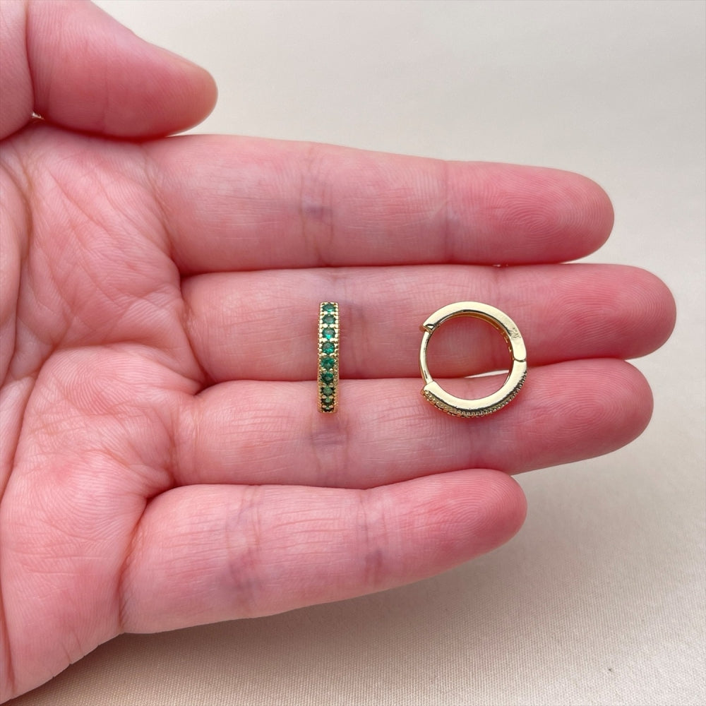 Oro Laminado Huggie Hoop, Gold Filled Style with Green Cubic Zirconia, Polished, Golden Finish