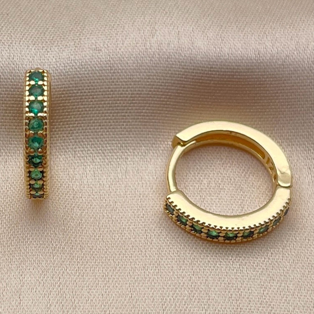Oro Laminado Huggie Hoop, Gold Filled Style with Green Cubic Zirconia, Polished, Golden Finish