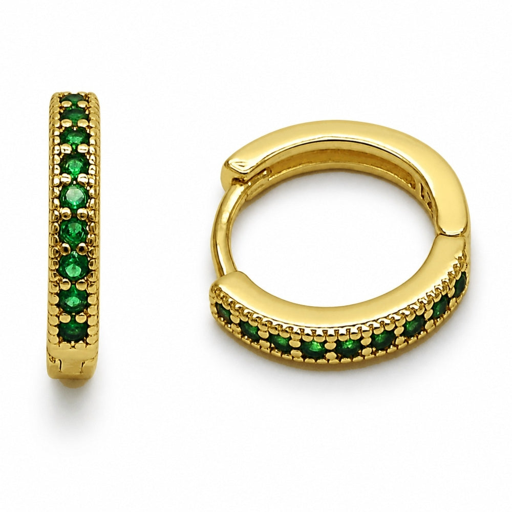 Oro Laminado Huggie Hoop, Gold Filled Style with Green Cubic Zirconia, Polished, Golden Finish