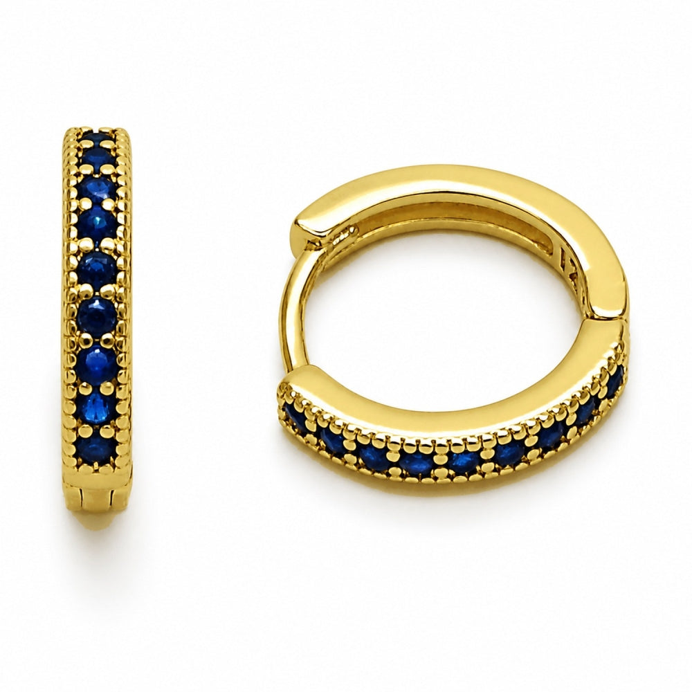 Oro Laminado Huggie Hoop, Gold Filled Style with Sapphire Blue Cubic Zirconia, Polished, Golden Finish