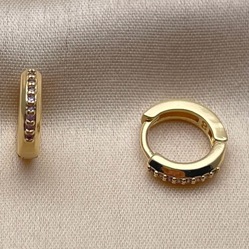 Oro Laminado Huggie Hoop, Gold Filled Style with Amethyst Cubic Zirconia, Polished, Golden Finish