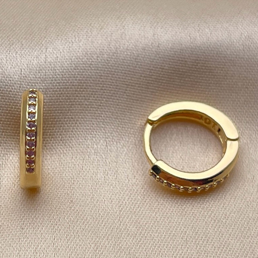 Oro Laminado Huggie Hoop, Gold Filled Style with Amethyst Cubic Zirconia, Polished, Golden Finish