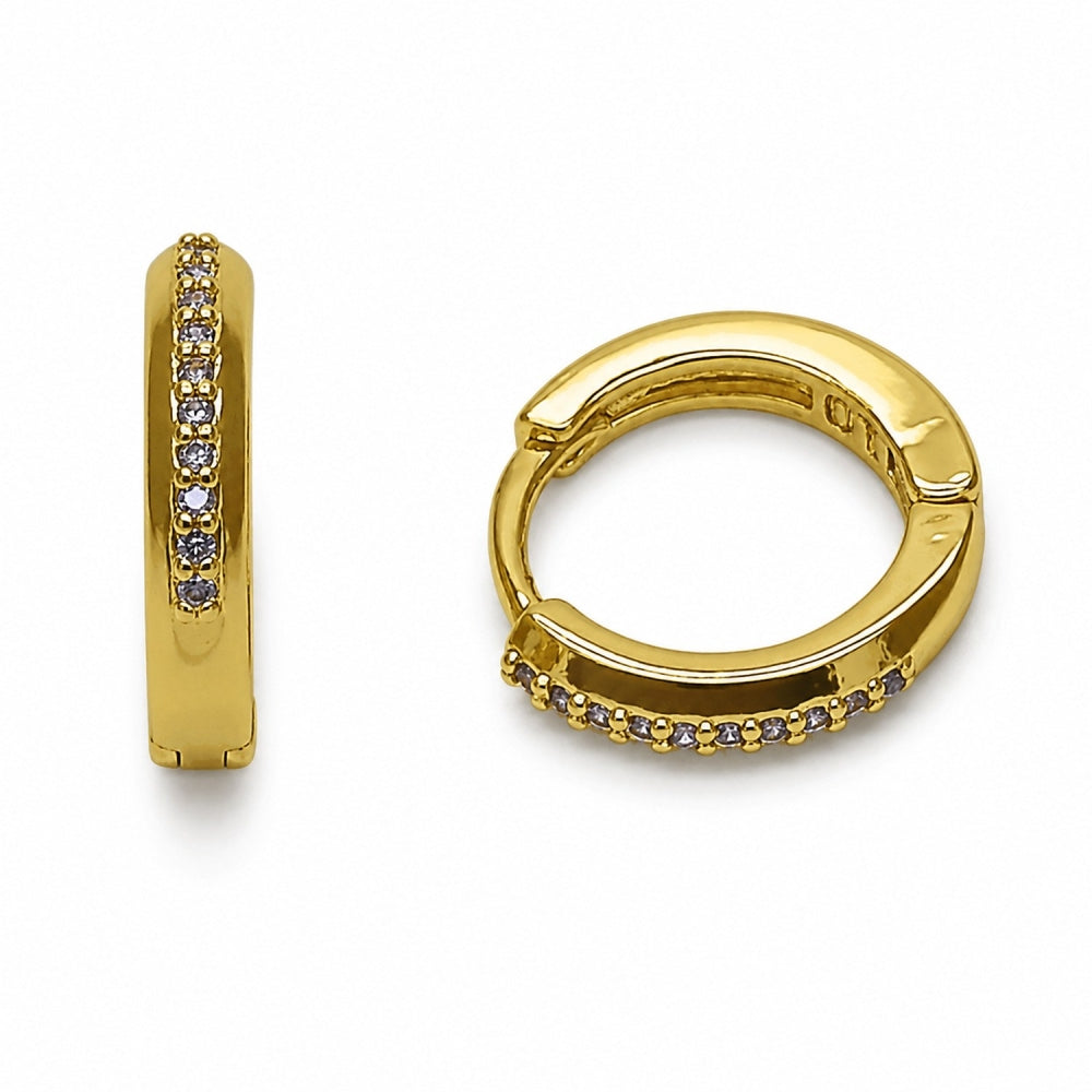 Oro Laminado Huggie Hoop, Gold Filled Style with Amethyst Cubic Zirconia, Polished, Golden Finish