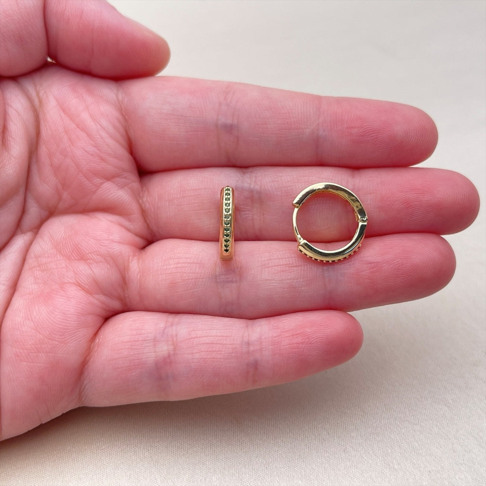 Oro Laminado Huggie Hoop, Gold Filled Style with Green Cubic Zirconia, Polished, Golden Finish