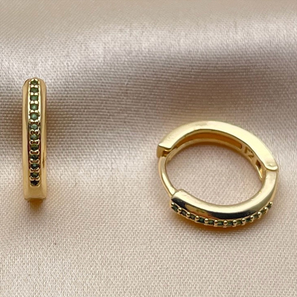 Oro Laminado Huggie Hoop, Gold Filled Style with Green Cubic Zirconia, Polished, Golden Finish