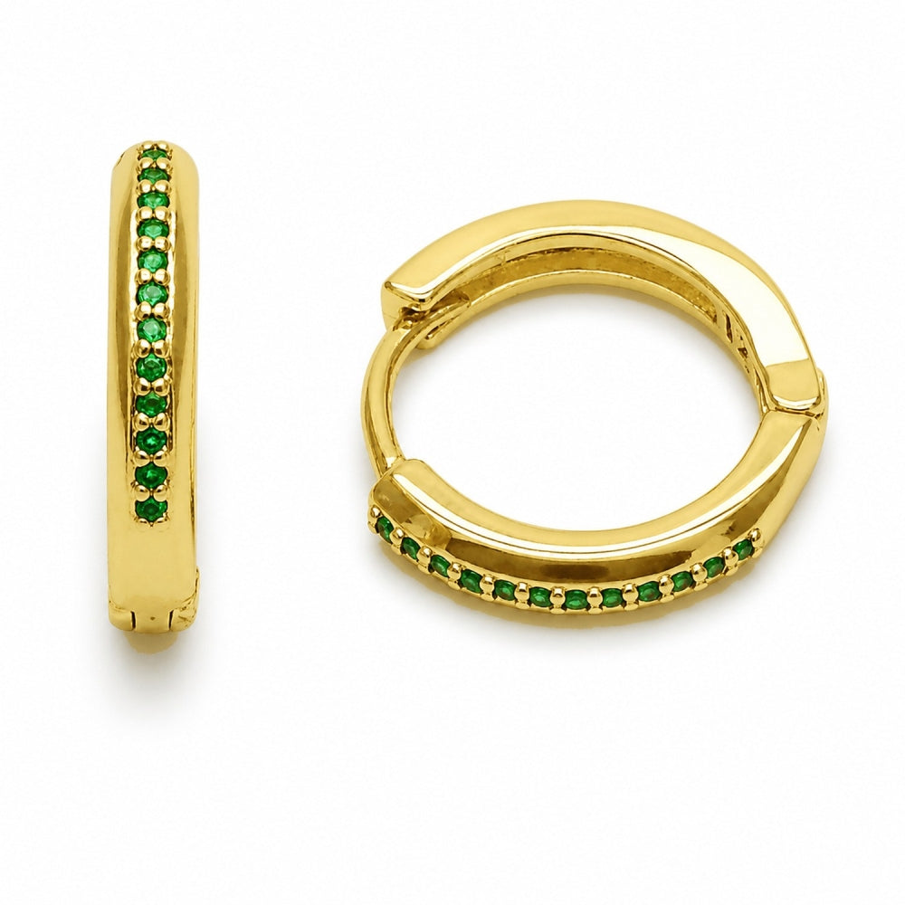 Oro Laminado Huggie Hoop, Gold Filled Style with Green Cubic Zirconia, Polished, Golden Finish