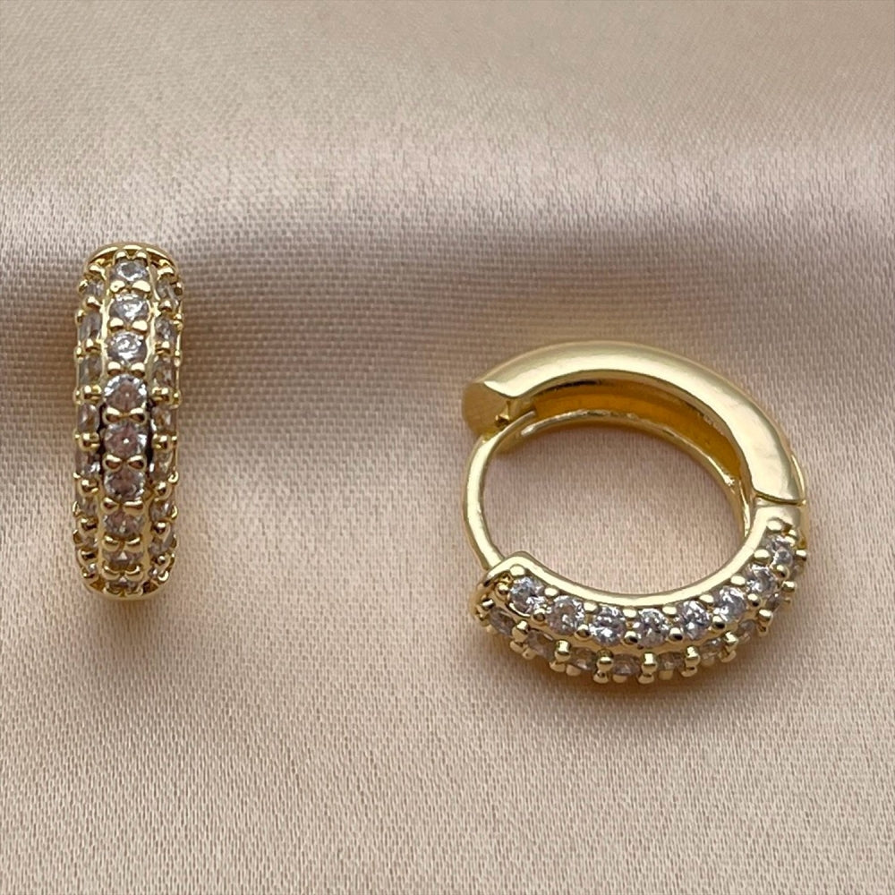 Oro Laminado Huggie Hoop, Gold Filled Style with White Cubic Zirconia, Polished, Golden Finish