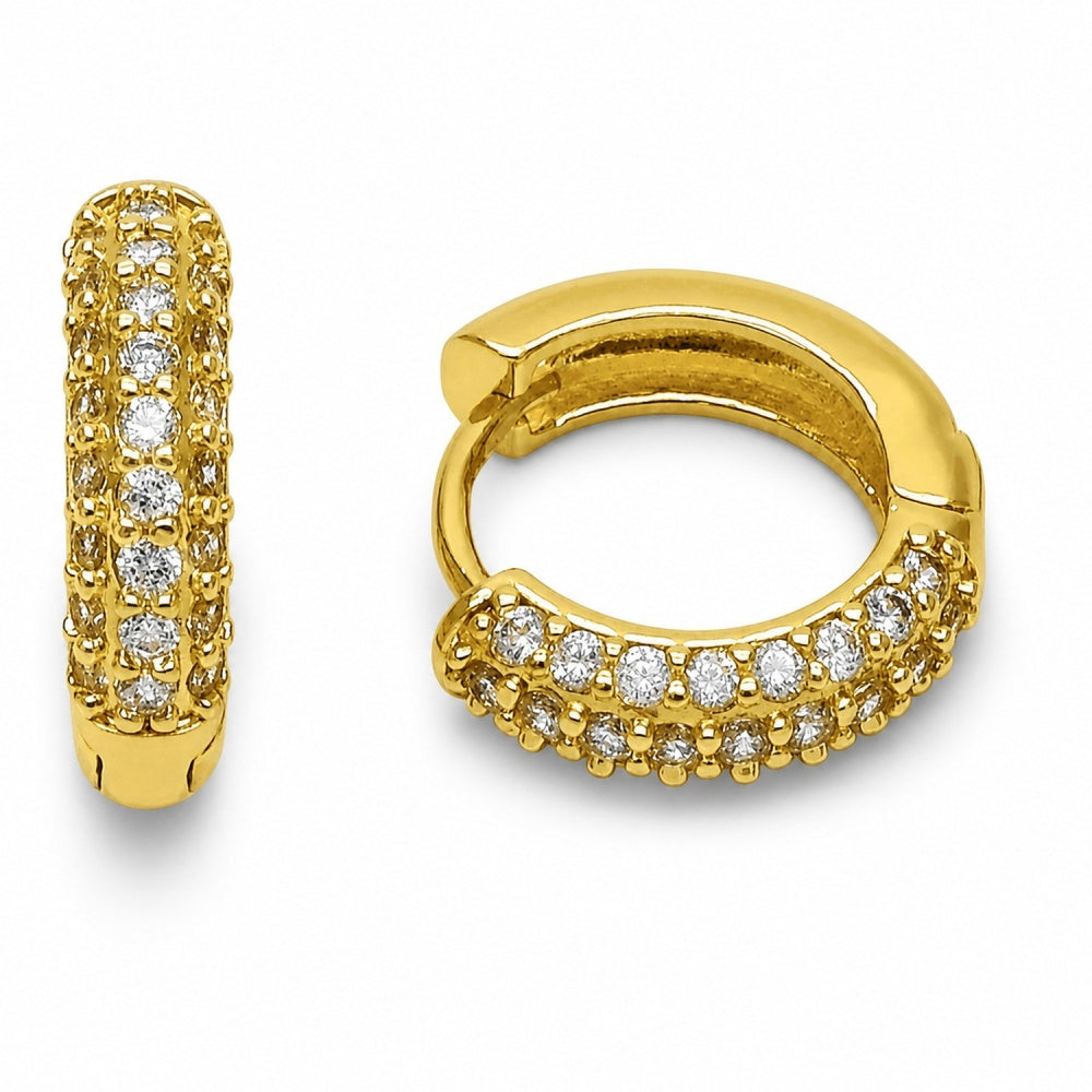 Oro Laminado Huggie Hoop, Gold Filled Style with White Cubic Zirconia, Polished, Golden Finish