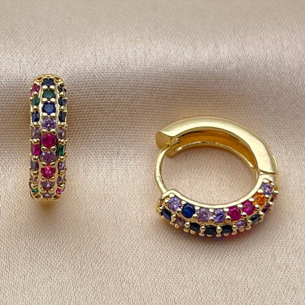 Oro Laminado Huggie Hoop, Gold Filled Style with Multicolor Cubic Zirconia, Polished, Golden Finish