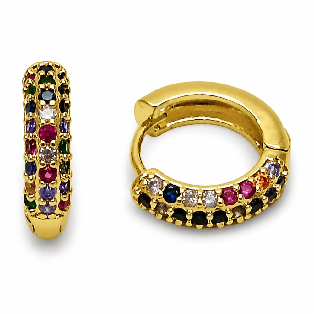 Oro Laminado Huggie Hoop, Gold Filled Style with Multicolor Cubic Zirconia, Polished, Golden Finish