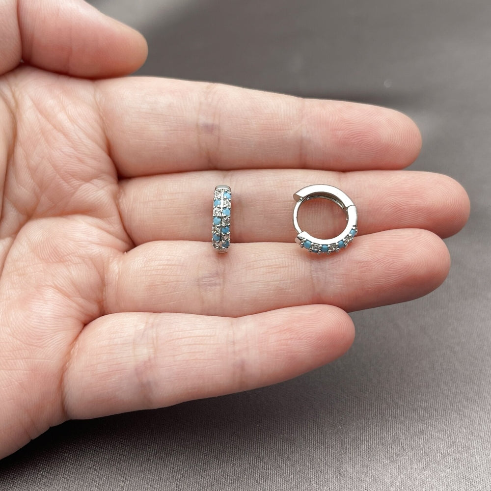 Rhodium Gold Filled Huggie Hoop, with Turquoise and White Cubic Zirconia, Polished, Rhodium Finish