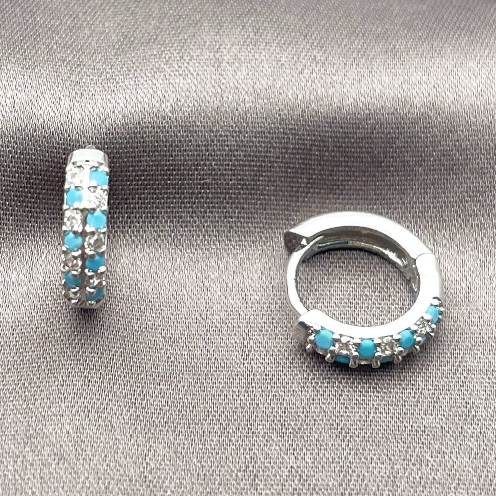 Rhodium Gold Filled Huggie Hoop, with Turquoise and White Cubic Zirconia, Polished, Rhodium Finish