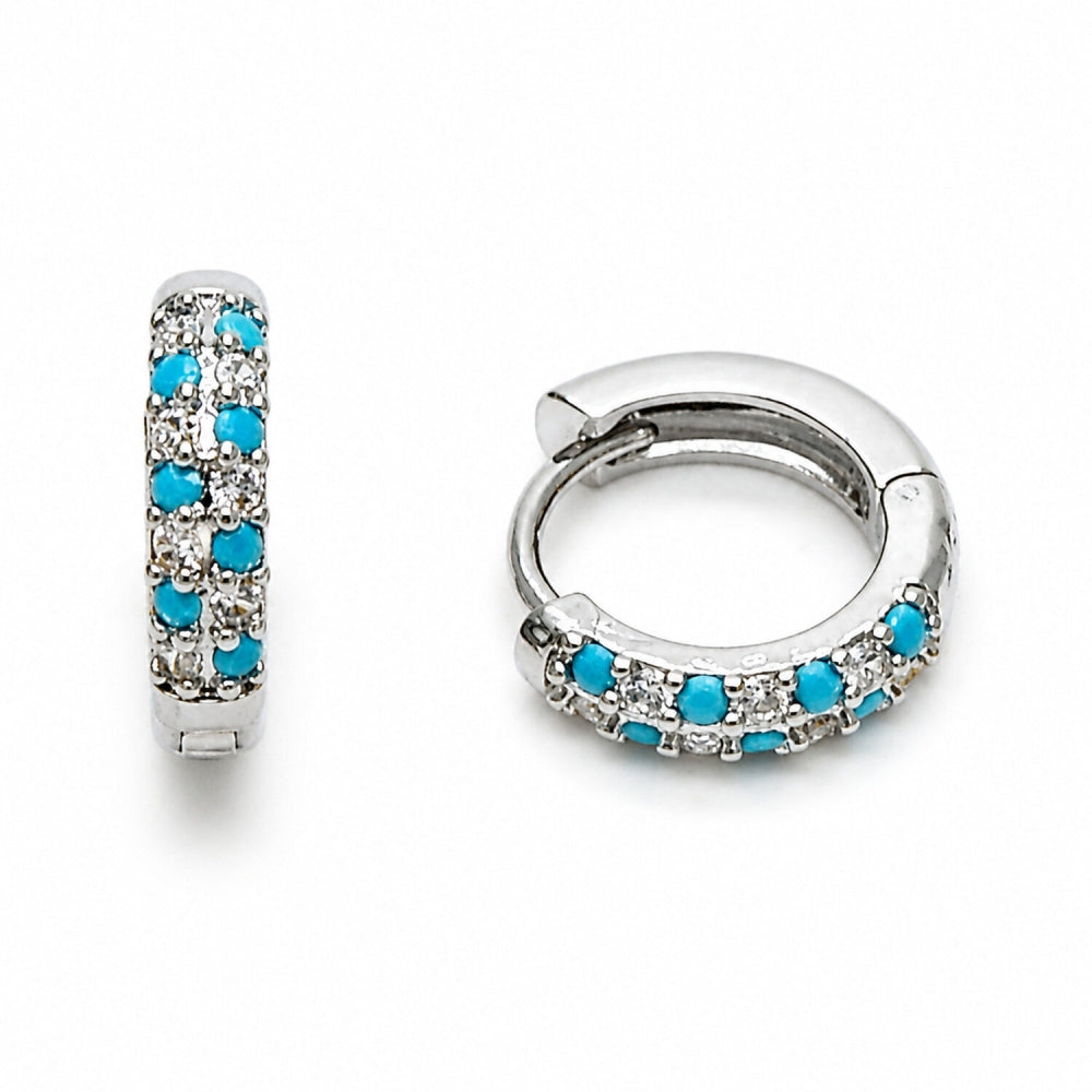 Rhodium Gold Filled Huggie Hoop, with Turquoise and White Cubic Zirconia, Polished, Rhodium Finish