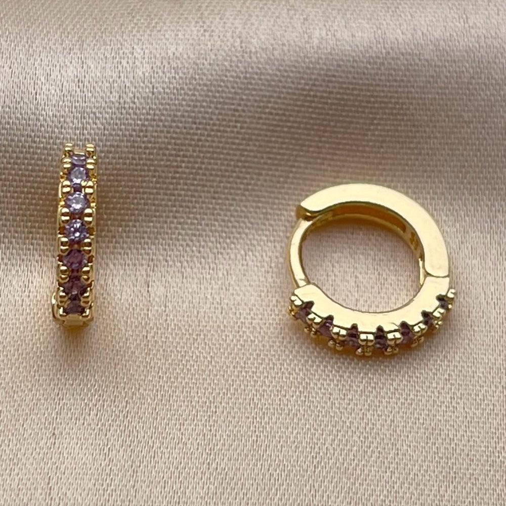 Oro Laminado Huggie Hoop, Gold Filled Style with Amethyst Cubic Zirconia, Polished, Golden Finish