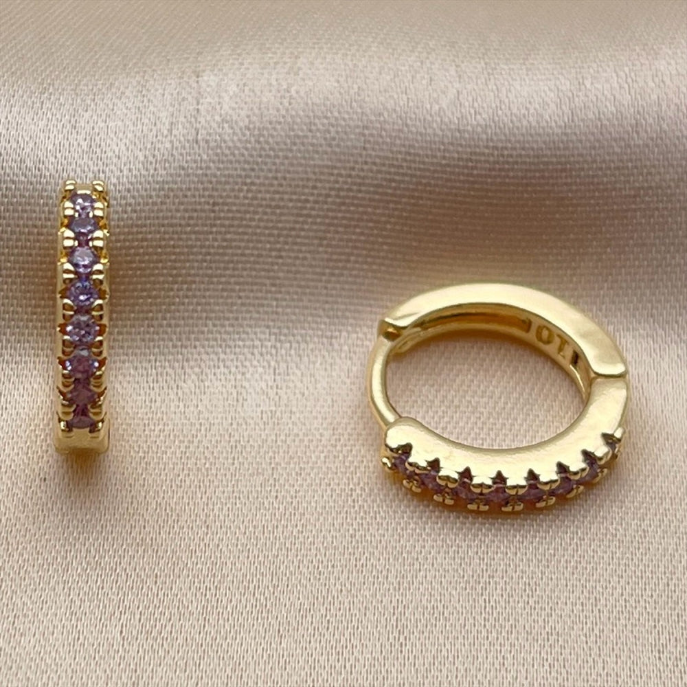 Oro Laminado Huggie Hoop, Gold Filled Style with Amethyst Cubic Zirconia, Polished, Golden Finish