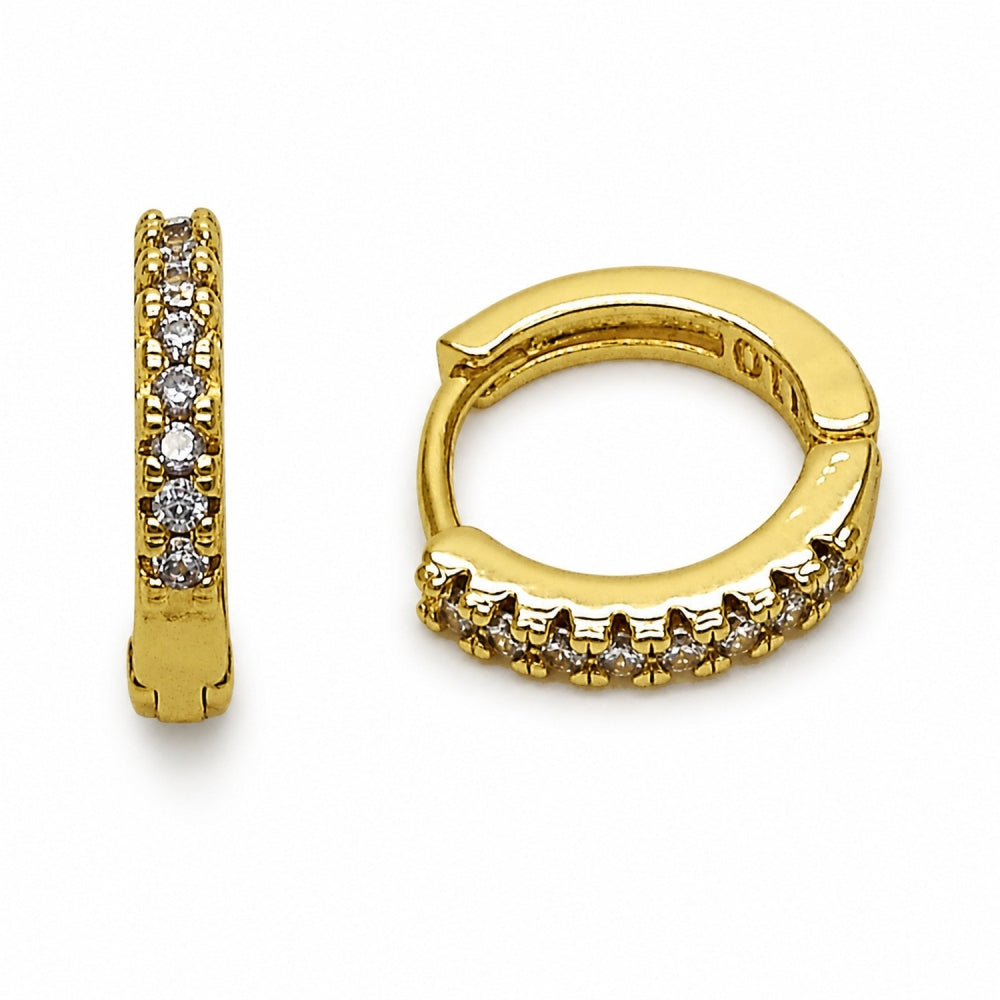 Oro Laminado Huggie Hoop, Gold Filled Style with Amethyst Cubic Zirconia, Polished, Golden Finish