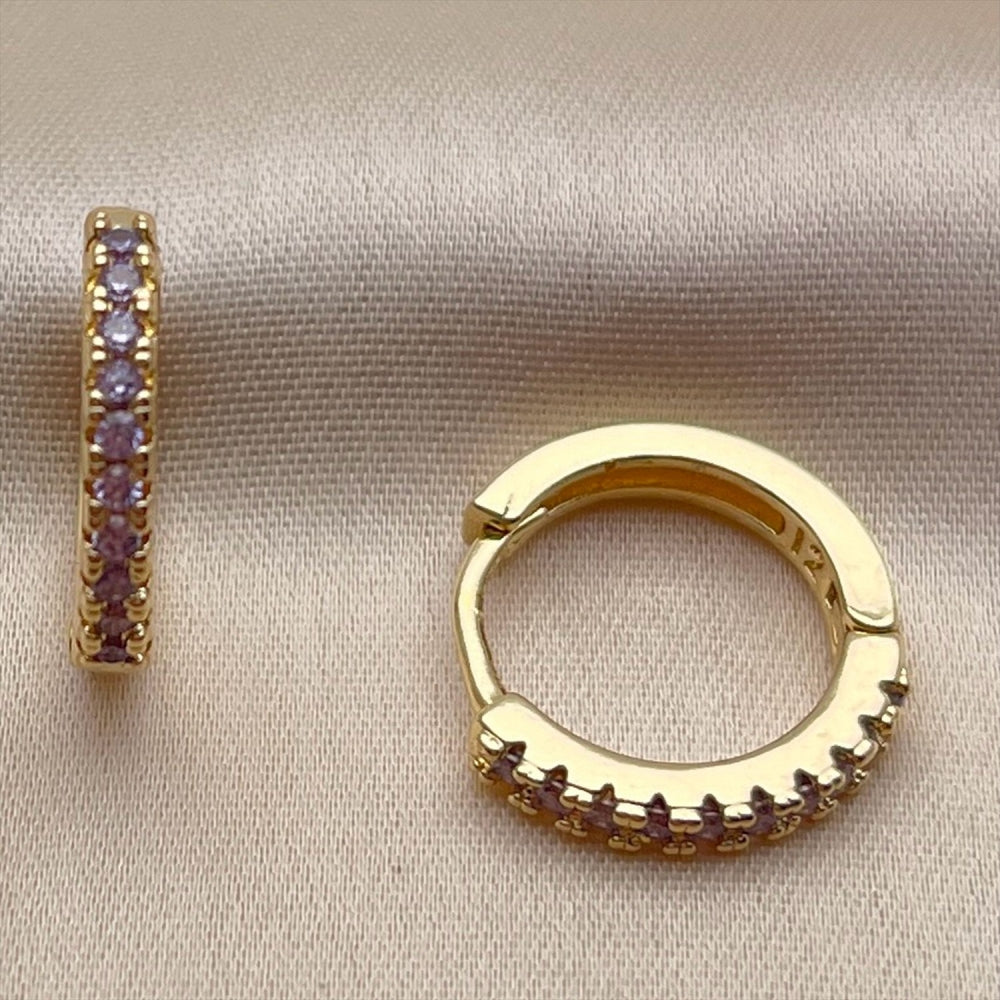 Oro Laminado Huggie Hoop, Gold Filled Style with Amethyst Cubic Zirconia, Polished, Golden Finish