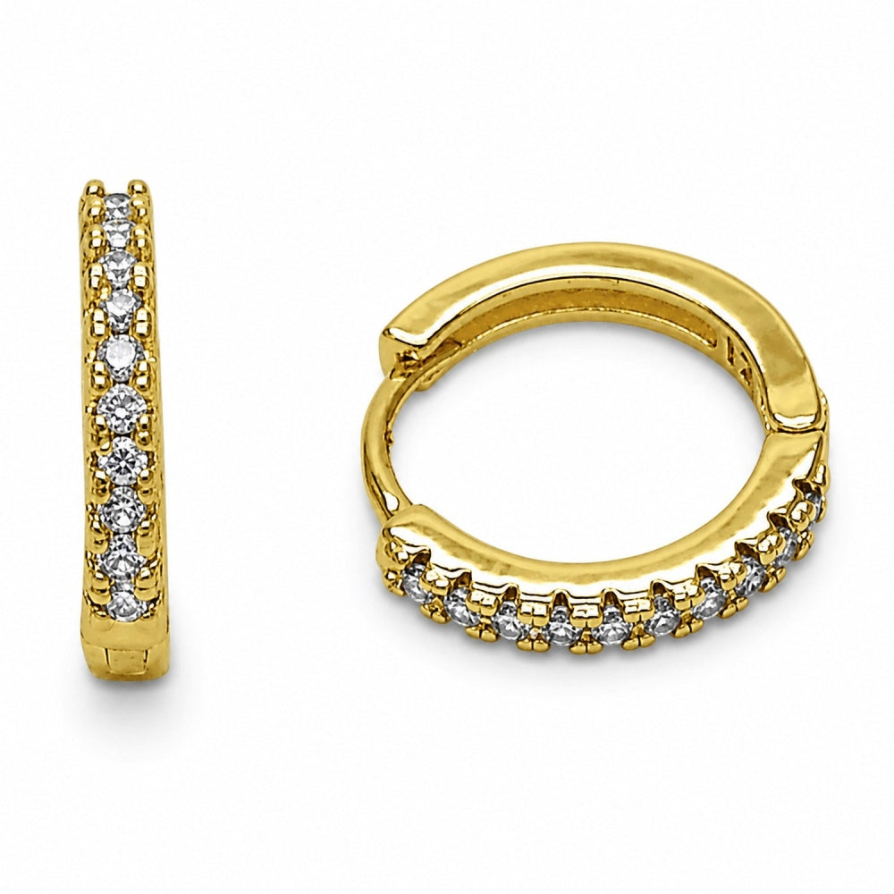 Oro Laminado Huggie Hoop, Gold Filled Style with Amethyst Cubic Zirconia, Polished, Golden Finish